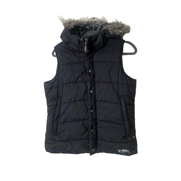 Burton Rancher Puffy Vest Women Medium Black Puffer Ski Faux Fur Hood Snowboard - Picture 1 of 10